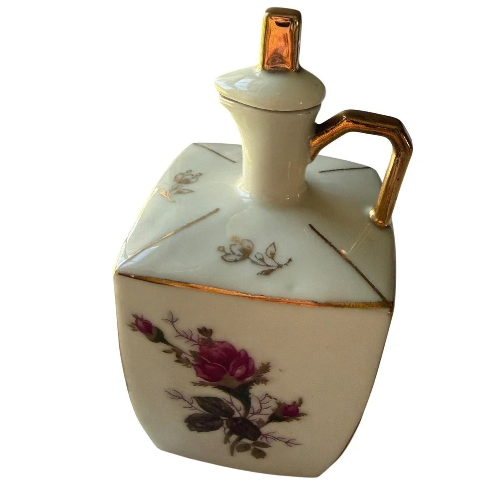 Vintage Porcelain Vanity Bottle Gold Handle Stopper Japan Floral Grandmillennial